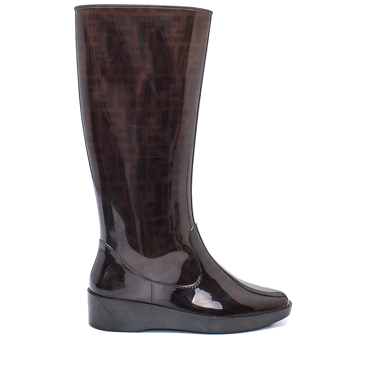 Fendi - Brown Rubber Zucca Wedge Rain Boots